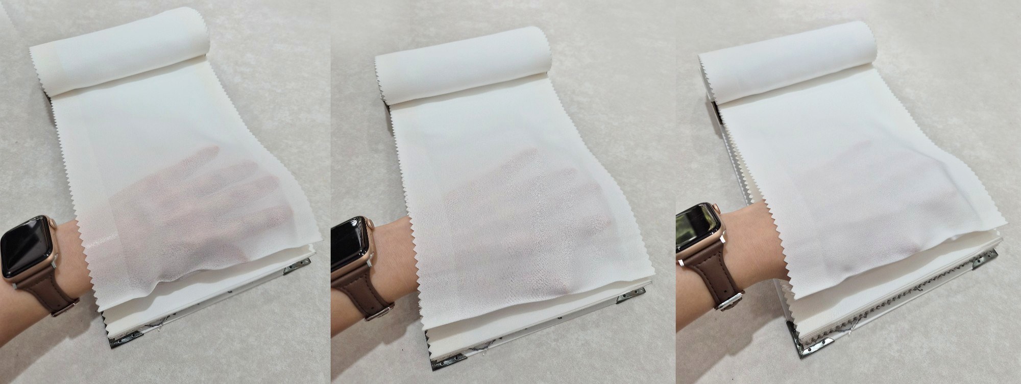 쉬폰 원단 비침 비교 — 왼쪽부터 밀도가 높아지며 맨 오른쪽이 도톰쉬폰